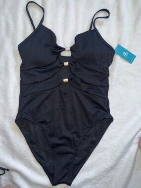 Cupshe Black Textured One-Piece Swimsuit with Decorative Bead Details